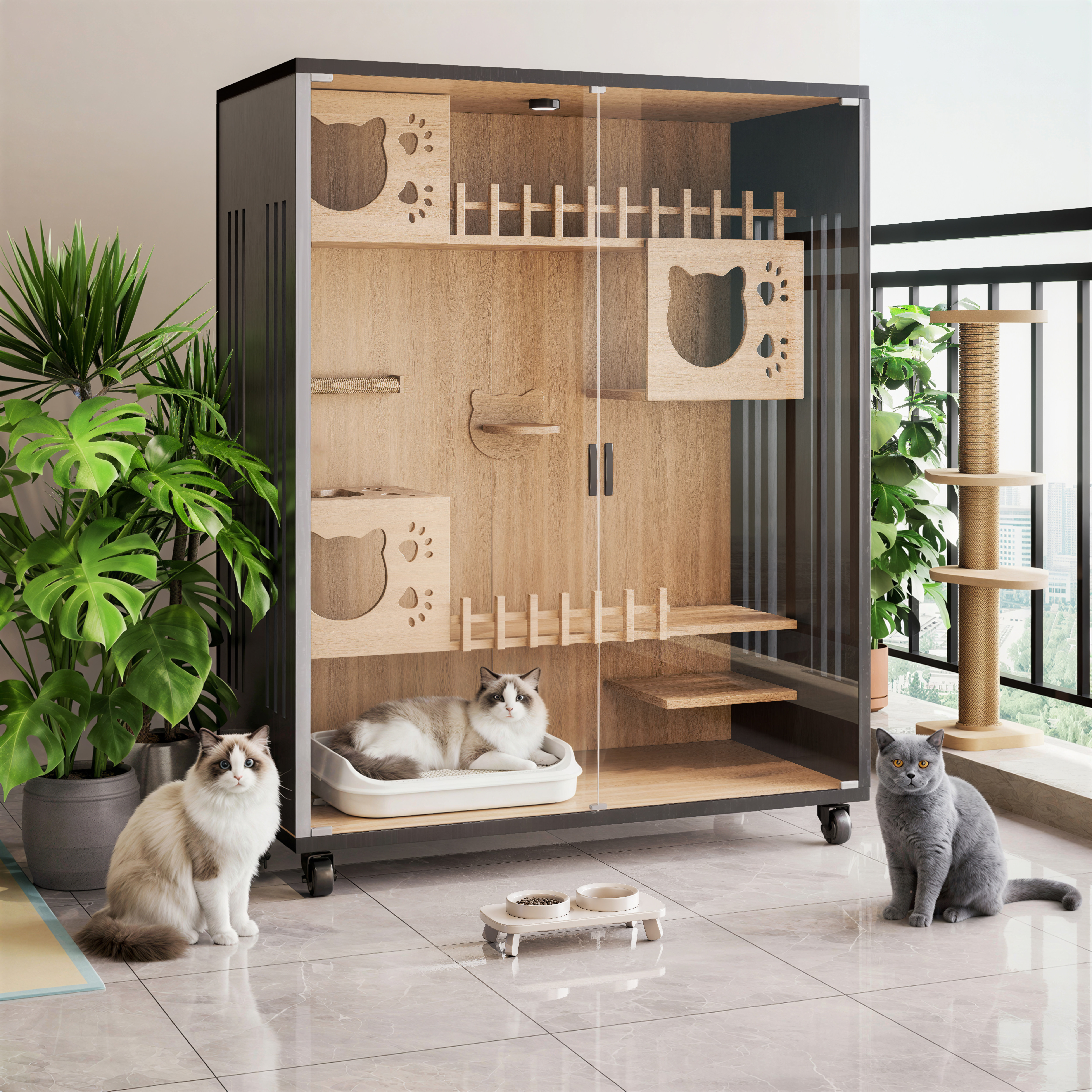 猫别墅猫笼子豪华木质猫舍玻璃门猫笼子/猫别墅