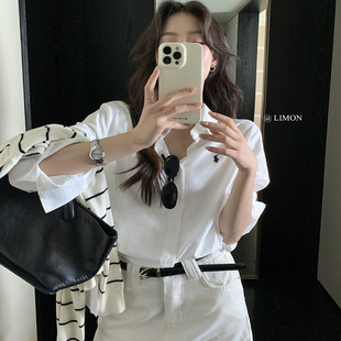 韩国东大门巨百搭简单时髦小马标刺绣衬衫女宽松休闲上衣条纹衬衣