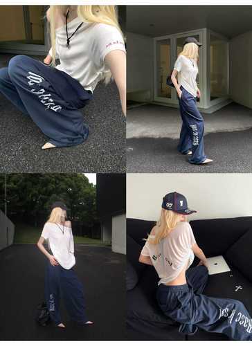 美式藏青色印花休闲阔腿裤男女爵士jzza嘻哈宽松跳舞垂感拖地裤子