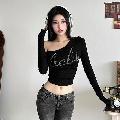 美式辣妹ins斜肩烫钻百搭显瘦T恤女嘻哈爵士jzza纯欲风跳舞上衣潮