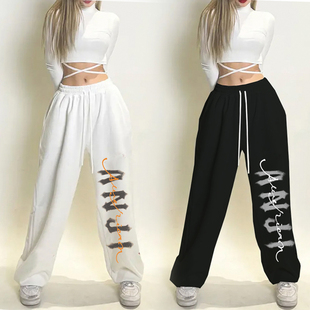 欧美爵士JAZZ嘻哈宽松抽绳运动束脚裤女高腰直筒垂感休闲阔腿裤子