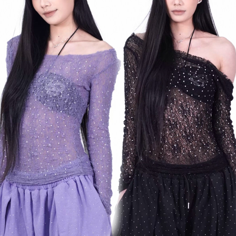 美式自制露背钻石网格长袖网纱女纯欲风镂空个性辣妹斜肩长袖上衣