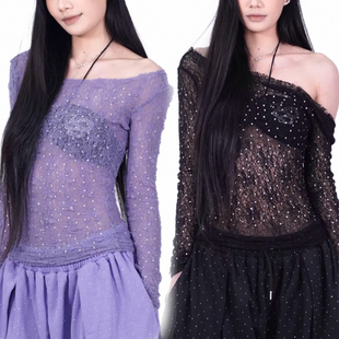 辣妹斜肩长袖 网纱女纯欲风镂空个性 上衣 自制露背钻石网格长袖 美式