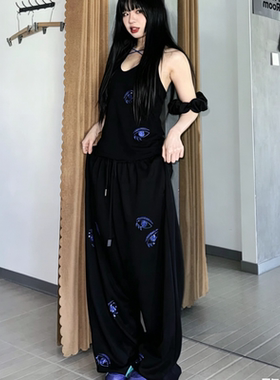 美式棉质透气蓝色妖精立体烫钻垂感爵士裤男女宽松阔腿街舞休闲裤
