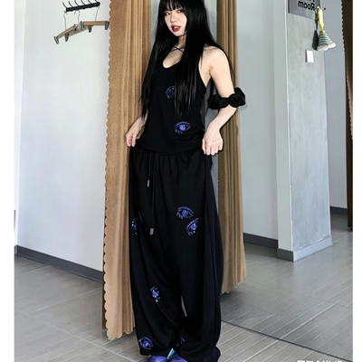 美式棉质透气蓝色妖精立体烫钻垂感爵士裤男女宽松阔腿街舞休闲裤