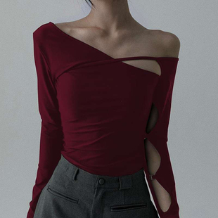 美式 上衣爵士jazz纯欲风不对称斜领露肩性感T恤 复古镂空辣妹长袖