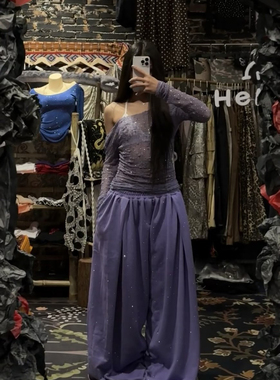 美式复古紫色满天星烫钻休闲裤女爵士jazz满钻爆闪跳舞阔腿长裤子