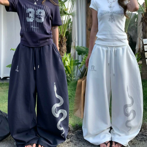 美式复古烫钻蛇纹印花休闲裤女街头宽松运动卫裤潮牌嘻哈爵士舞裤