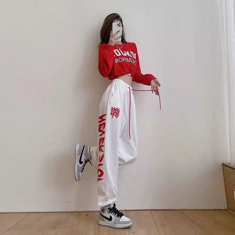 jazz爵士嘻哈街舞运动长裤女宽松休闲高腰字母印花白色束脚卫裤子