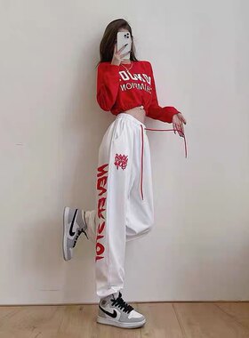 jazz爵士嘻哈街舞运动长裤女宽松休闲高腰字母印花白色束脚卫裤子