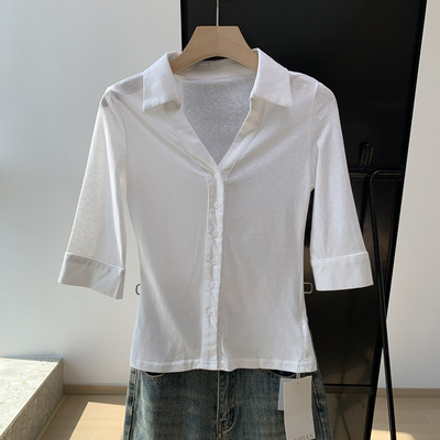 高级感气质修身中袖白色衬衫女夏季新款收腰纯色短款正肩辣妹上衣