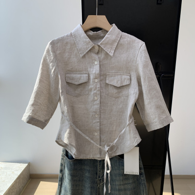 亚麻衬衫女款春季新款法式上衣高级感轻奢减龄洋气系带收腰衬衣