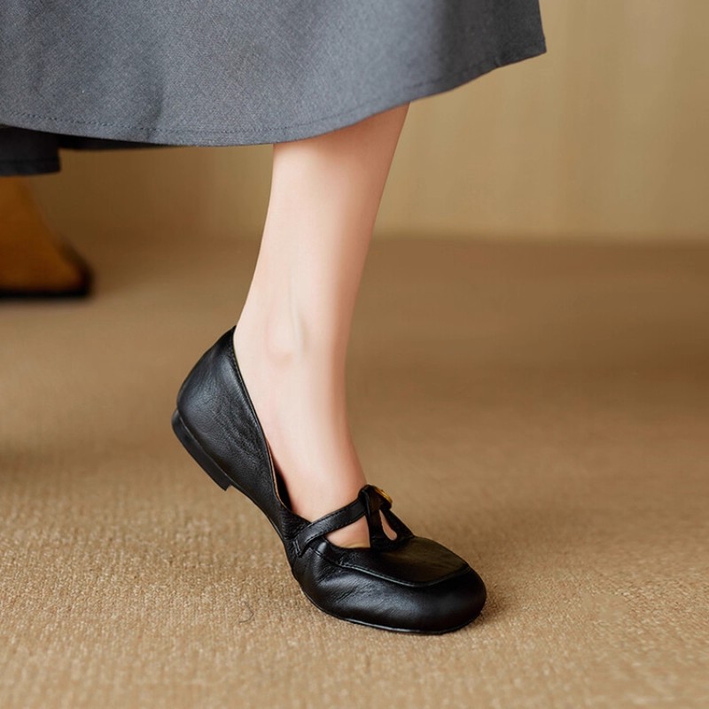 巨柔软~法式真皮T字带浅口单鞋女2025春秋软底奶奶鞋平底玛丽珍鞋