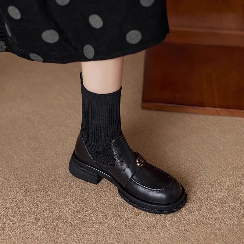 复古真皮山茶花厚底中跟短靴女2025秋冬新款圆头粗跟针织弹力袜靴,女鞋,弹力靴/袜靴,淘宝优惠券,粉丝福利购,淘宝优惠卷
