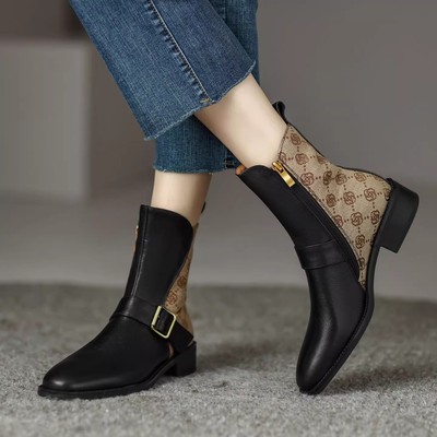 复古风小众设计感平底靴子女2025新款秋冬小香风真皮软皮短靴拼色