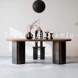 法式复古风实木餐桌椭圆形中古家用小户型餐厅饭桌设计师原木书桌