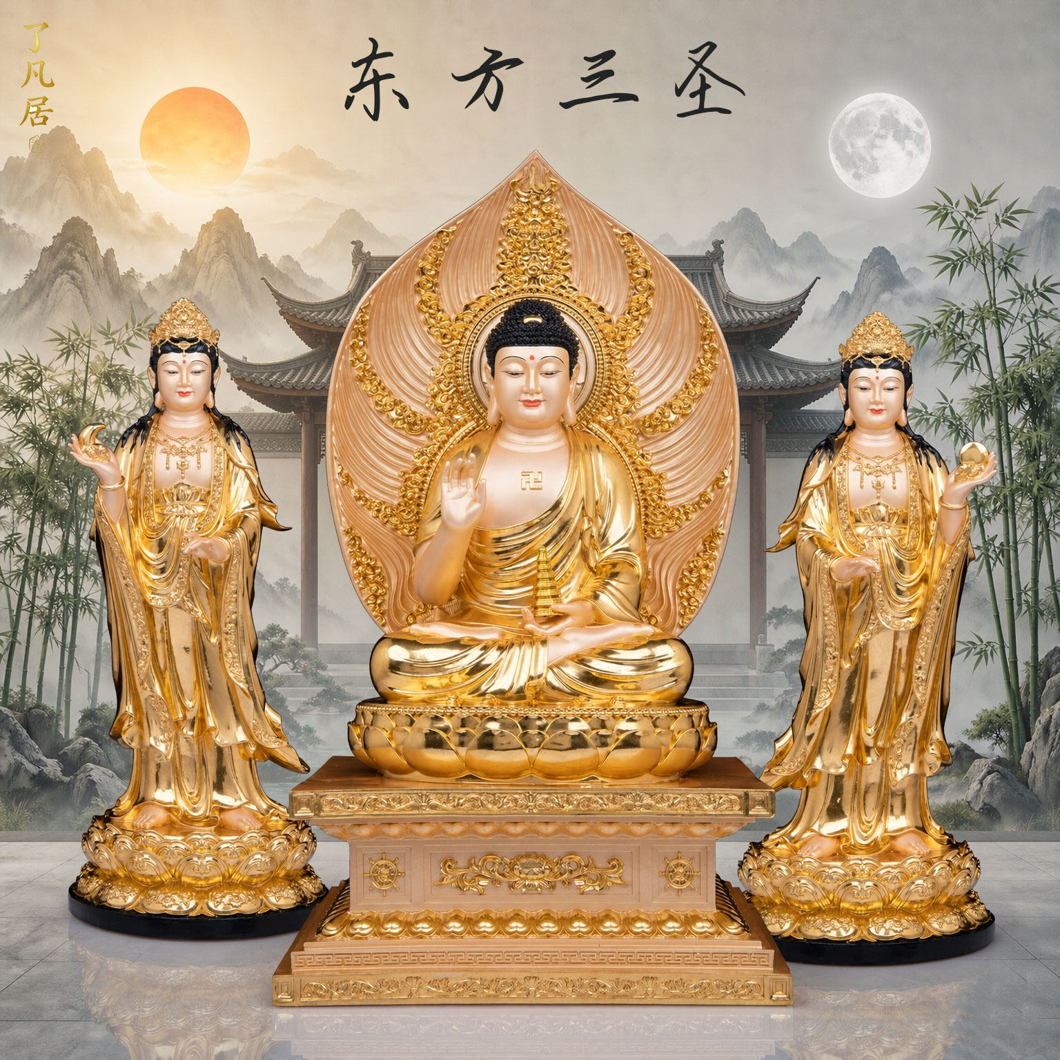东方三圣佛像树脂贴金药师佛家用寺庙礼佛日光月光菩萨中式摆件