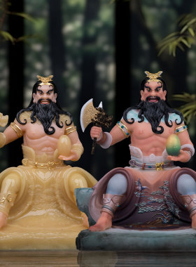 汉白玉粉盘古大帝神像摆件