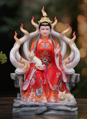 九尾红狐神像汉白玉石粉供奉摆件