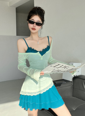 莫奈花园~纯欲蕾丝花边连衣裙春夏收腰小众罩衫显白芭蕾风短裙子