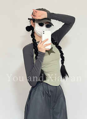 和小安复古五角星绿色长袖修身撞色打底衫T恤国潮女圆领辣妹穿搭