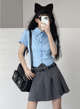 美式高校风JK制服衬衫女短袖夏季修身白色衬衣学院风辣妹收腰上衣