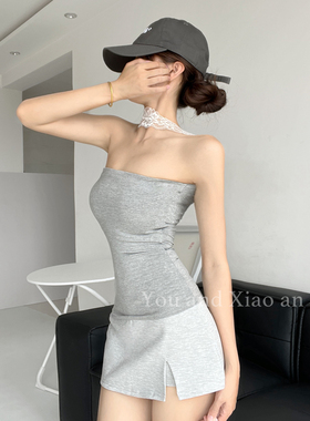 锁骨精~气质蕾丝挂脖灰色纯欲修身性感显瘦抹胸打底上衣女