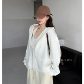 肯豆假日 小众设计连帽V领外套针织卫衣女内搭背心宽松上衣两件套