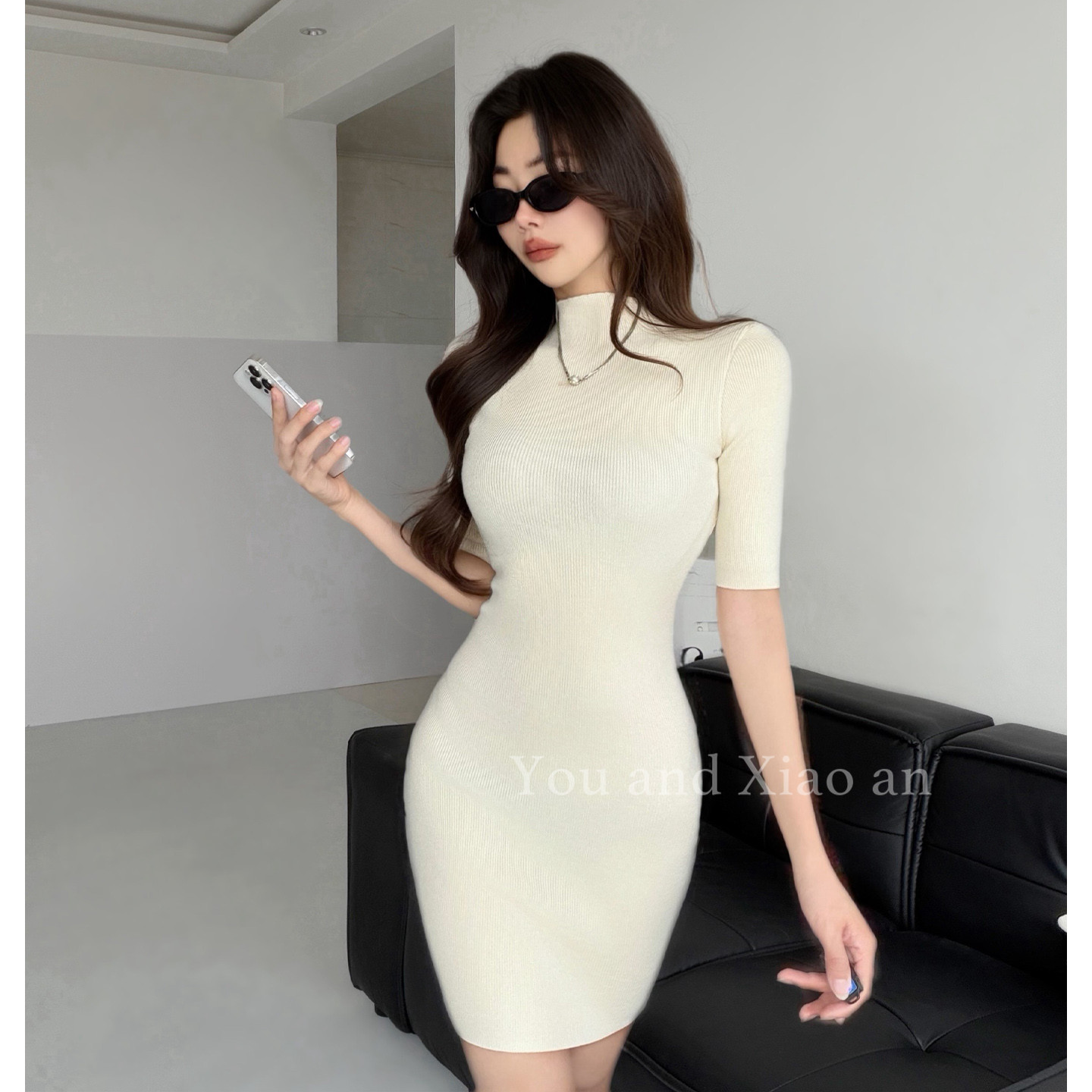高智淡人~高领中袖针织连衣裙女修身收腰打底包臀裙高级感穿搭秋