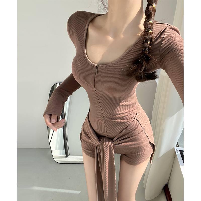 小安自制绑带两件套连体裤女早秋辣妹长袖修身U领卡戴珊包臀短裤