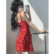 绝美海边度假裙子夏法式 纯欲风碎花吊带连衣裙红色茶歇裙背心长裙