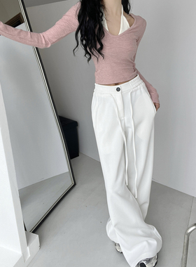 高街港风白色抽绳卫裤女春秋高腰慵懒风宽松休闲阔腿运动微喇长裤