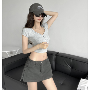 长腿攻略~美式辣妹低腰复古水洗工装假两件牛仔半裙防走光短裙裤