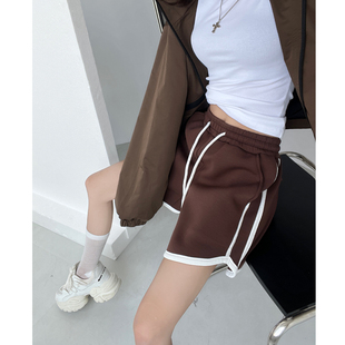 热裤 美拉德春夏美式 五分卫裤 女宽松阔腿运动短裤 拼边抽绳休闲裤