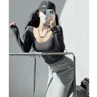 好穿必入欧美弹力基础内搭紧身打底衫女春秋短款显瘦美颈长袖T恤