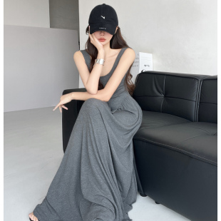 淡人清冷感 百搭灰色慵懒风简约吊带连衣裙收腰显瘦大摆拖地长裙