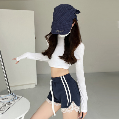 美式甜酷风蕾丝花边高腰短裤女