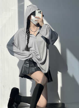 高冷废土风慵懒连帽T恤运动卫衣春秋防晒罩衫灰色长袖打底上衣女