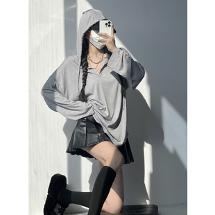 高冷废土风慵懒连帽T恤运动卫衣春秋防晒罩衫灰色长袖打底上衣女