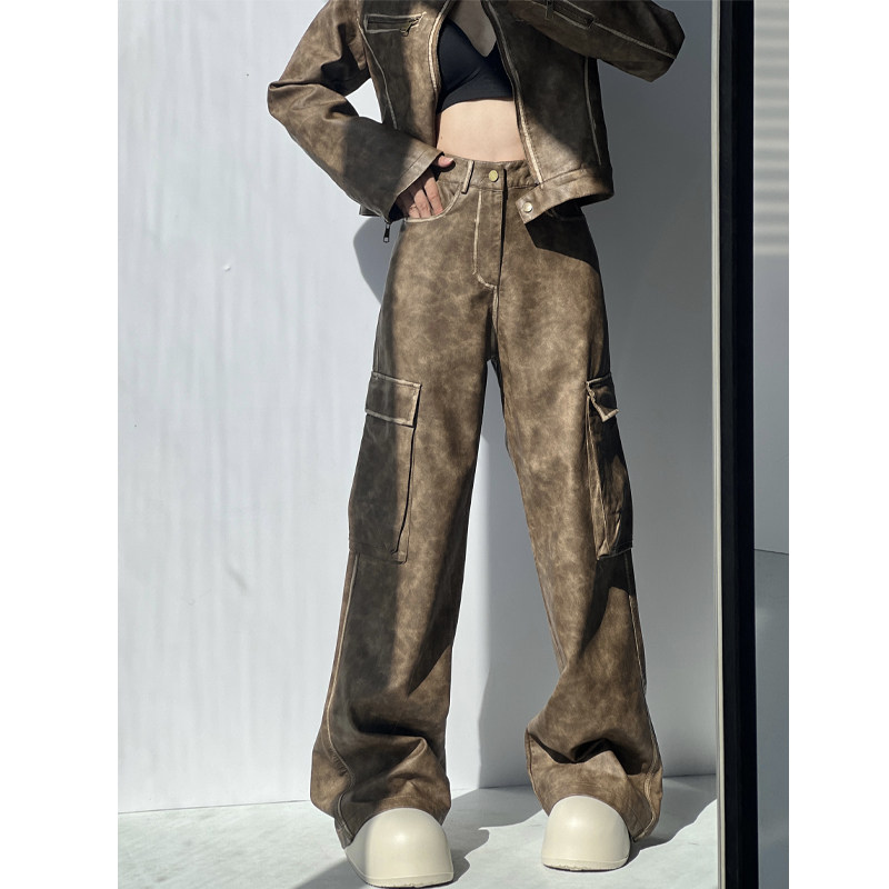 美式复古回潮做旧风痞帅辣妹宽松拖地阔腿裤重工擦色皮裤工装裤女,女装/女士精品,休闲裤,淘宝优惠券,粉丝福利购,淘宝优惠卷