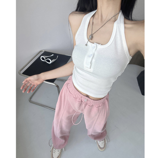 和小安甜酷风辣妹挂脖修身 背心上衣女小个子白色遮斜方肌外穿吊带