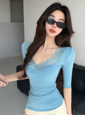 浪漫优雅~蕾丝控V领中袖T恤女蓝色弹力修身内搭显瘦气质打底上衣