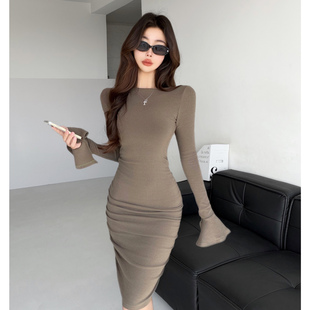 绝美腰臀比~性感纯欲修身抽褶两穿喇叭袖包臀短裙收腰显瘦连衣裙