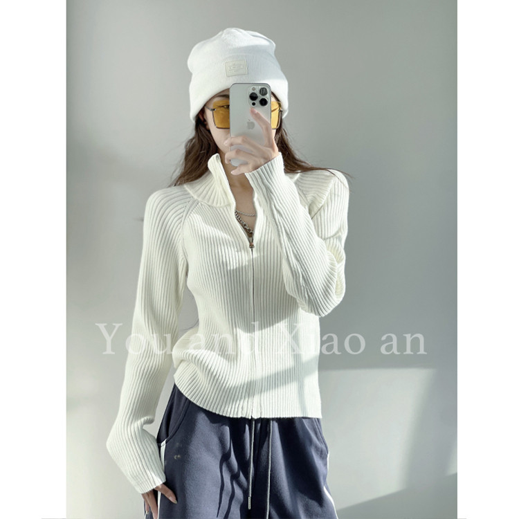 甜酷嬉皮学姐白色拉链针织开衫外套女秋冬外搭毛衣显瘦打底衫上衣,女装/女士精品,毛衣,淘宝优惠券,粉丝福利购,淘宝优惠卷