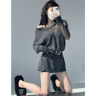 迷人姐姐~美式辣妹破洞设计透视内搭慵懒松弛感镂空露肩针织罩衫