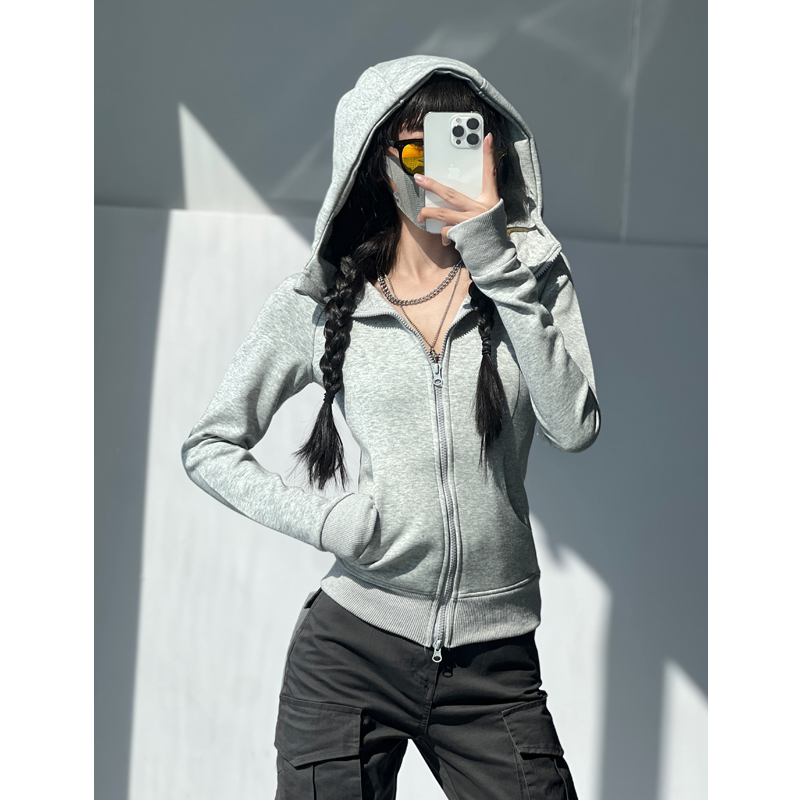 甜酷学姐复古美式双头拉链连帽卫衣外套女高级感休闲瑜伽健身上衣