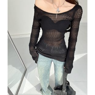 废土风黑色薄款针织罩衫辣妹修身显瘦包臀镂空短裙叠穿透视防晒衫