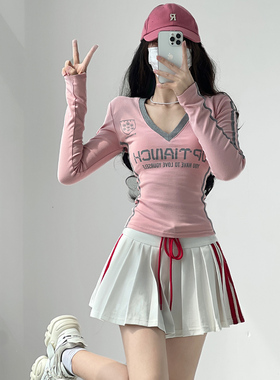 嬉皮少女美式YK2运动风复古辣妹修身球衣风长袖T恤女短款撞色上衣