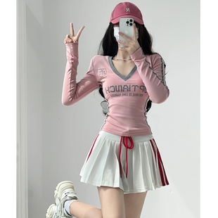 嬉皮少女美式YK2运动风复古辣妹修身球衣风长袖T恤女短款撞色上衣