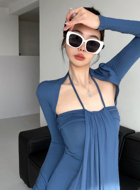 欧美辣妹风修身短外套女长袖防晒开衫健身跳舞运动上衣蓝色外套